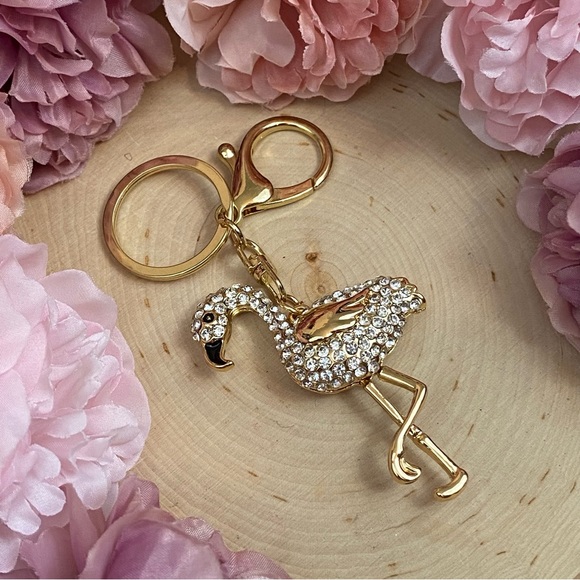Whimsical Gold & Silver Crystal Flamingo Keychain Charm - Picture 6 of 14